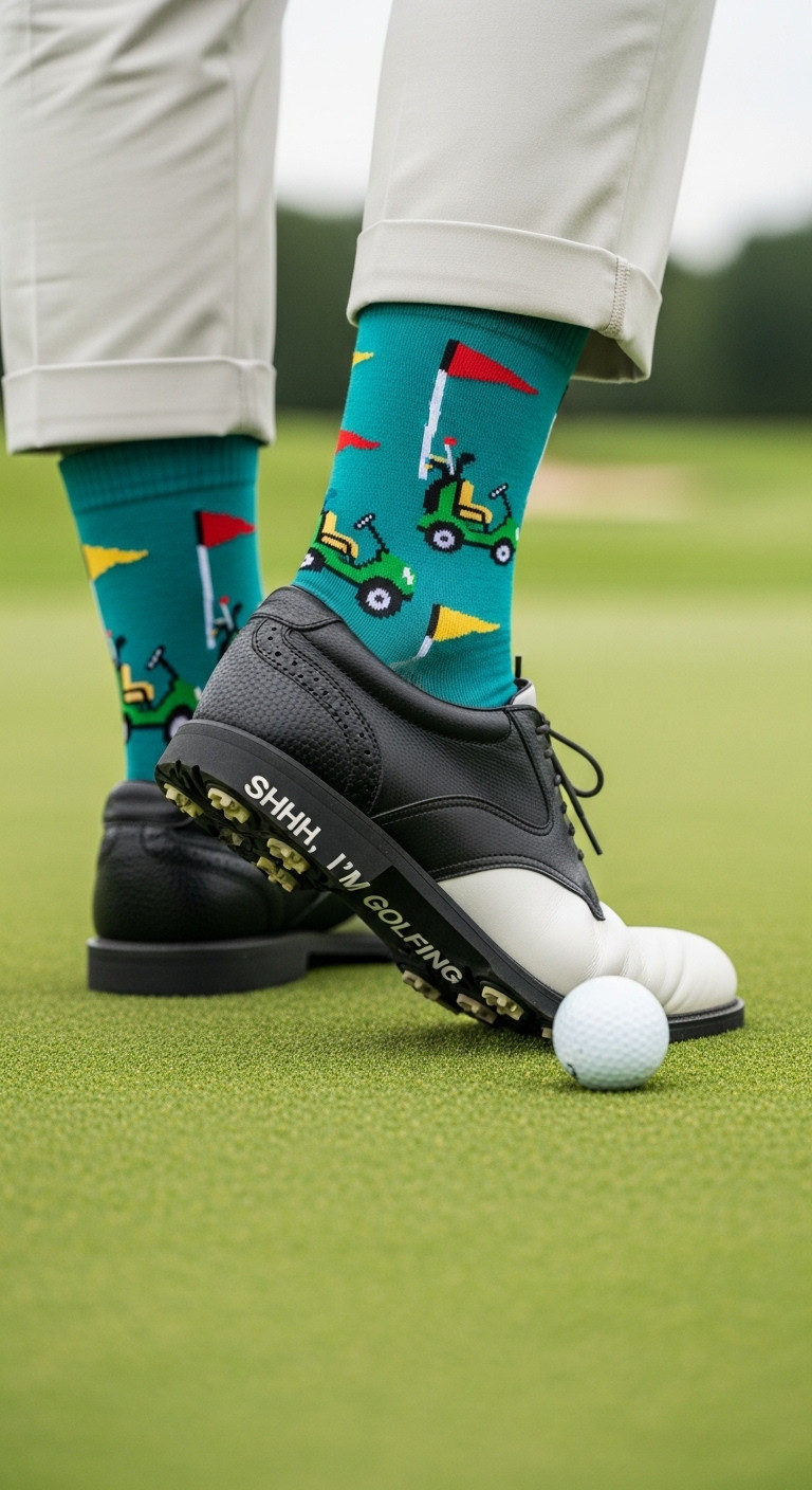 Feet In Golf Shoes And Colorful Novelty Golf Socks On A Putting Green With A Golf Ball