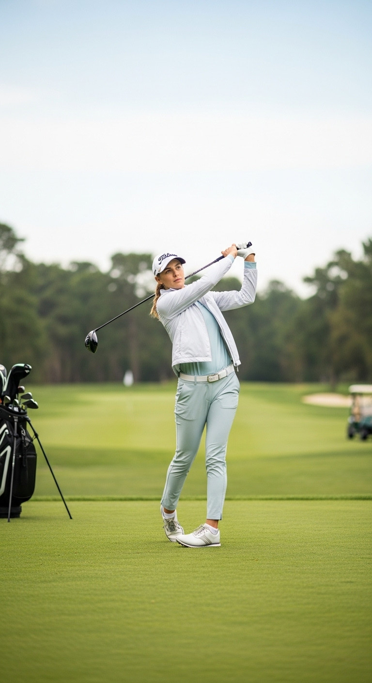 Female Golfer In A Pale Blue Base Layer And Light Grey Windbreaker, Mid-Swing On A Green Fairway. Performance Winter Golf Outfit For Women.