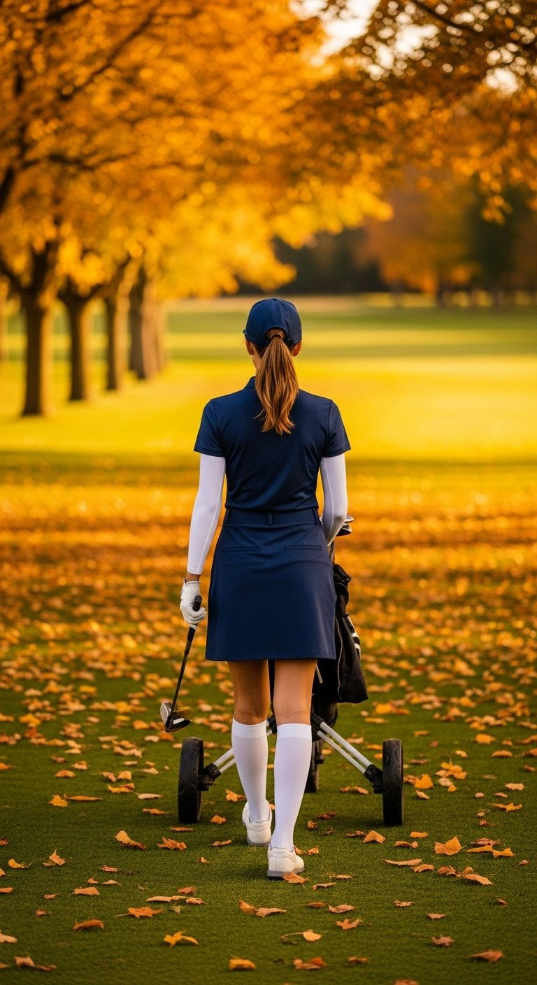 Female Golfer In Navy Blue Long-Sleeve Golf Dress, White Sun Sleeves, Walking On An Autumn Fairway. Fall Golf Fashion.
