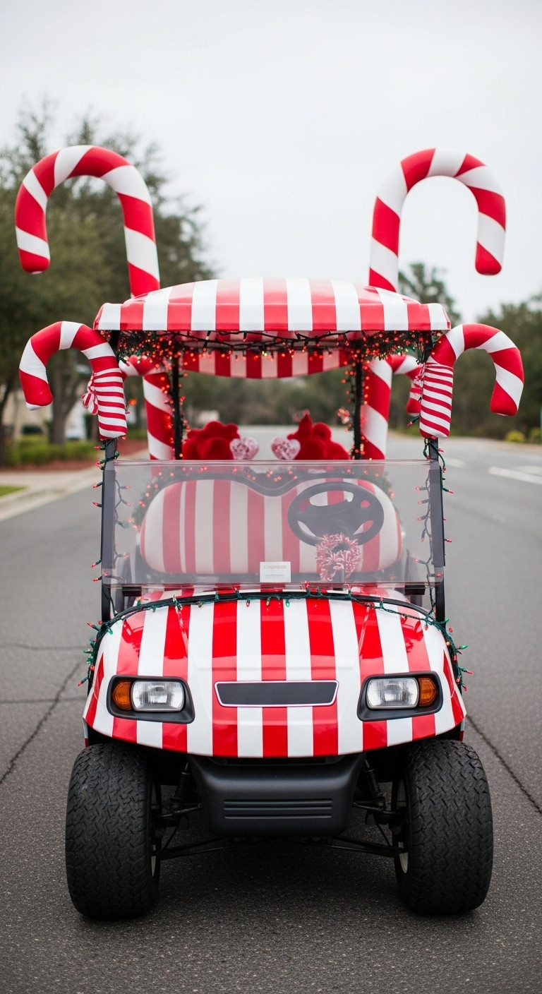 13 Stunning Golf Cart Decorating Ideas For Christmas Parades Festive Candy Cane Lane Golf Cart With Red And White Stripes Oversized Candy Canes And Twinkling Lights For Christmas Parade