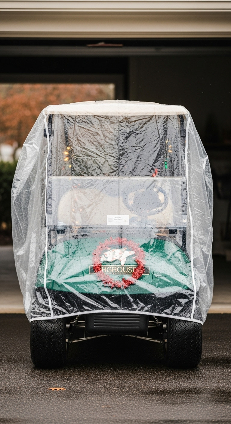 Festive Christmas Vacation Golf Cart With Decorations Visible Under A Heavy-Duty, Clear Weatherproof Cover, Showcasing Outdoor Protection.