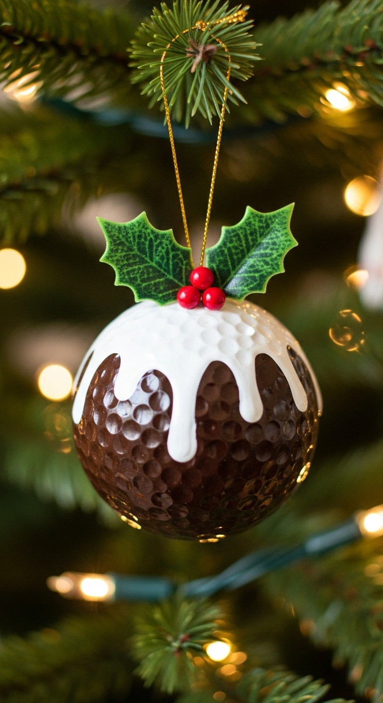 Festive Golf Ball Christmas Pudding Ornament Painted Dark Brown With White Icing Holly Leaves And Red Berries