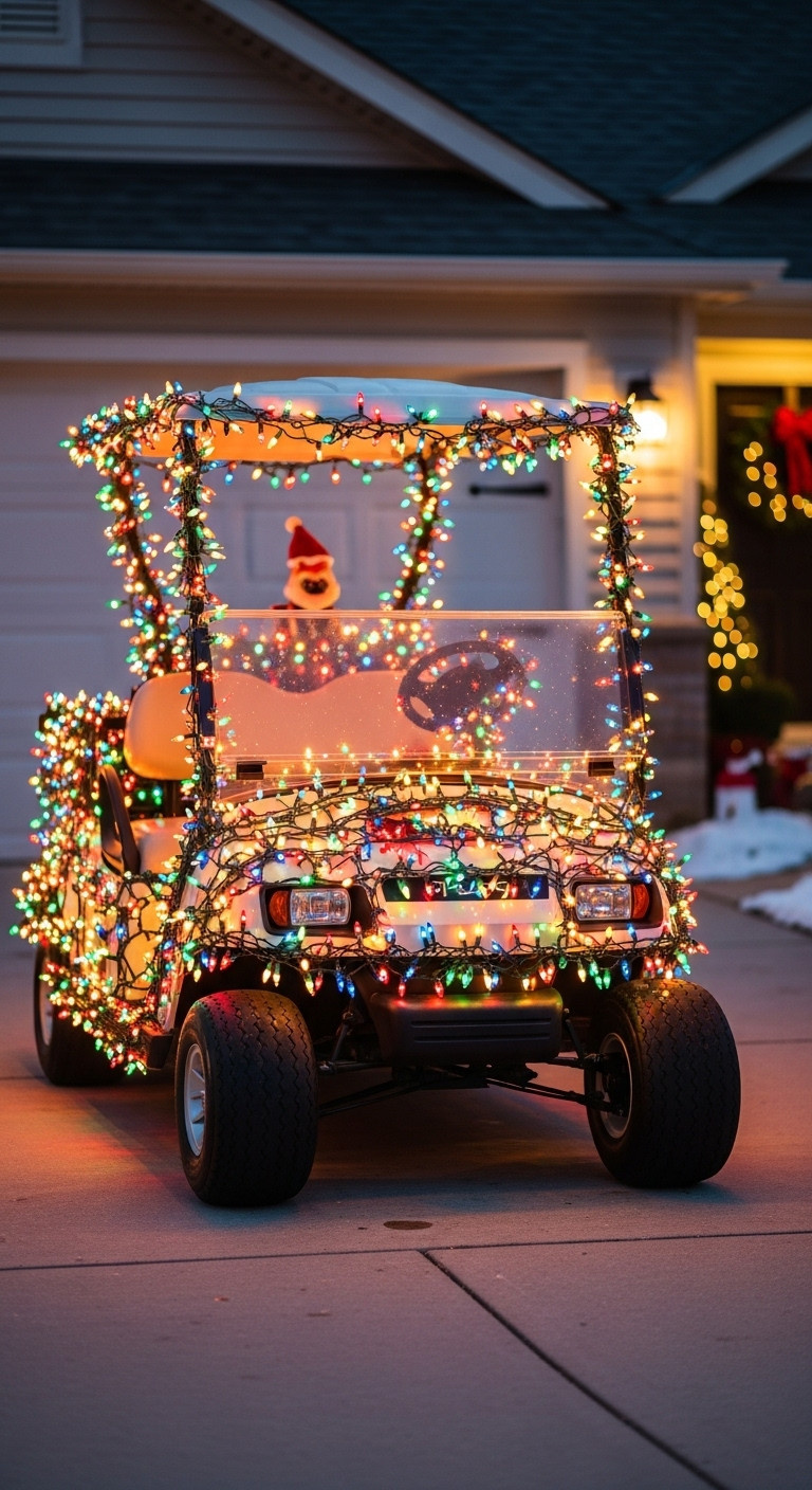 Festive Golf Cart Covered In Multi-Colored Led Christmas Lights, Evoking The 'Griswold Effect' On A Suburban Driveway At Golden Hour.