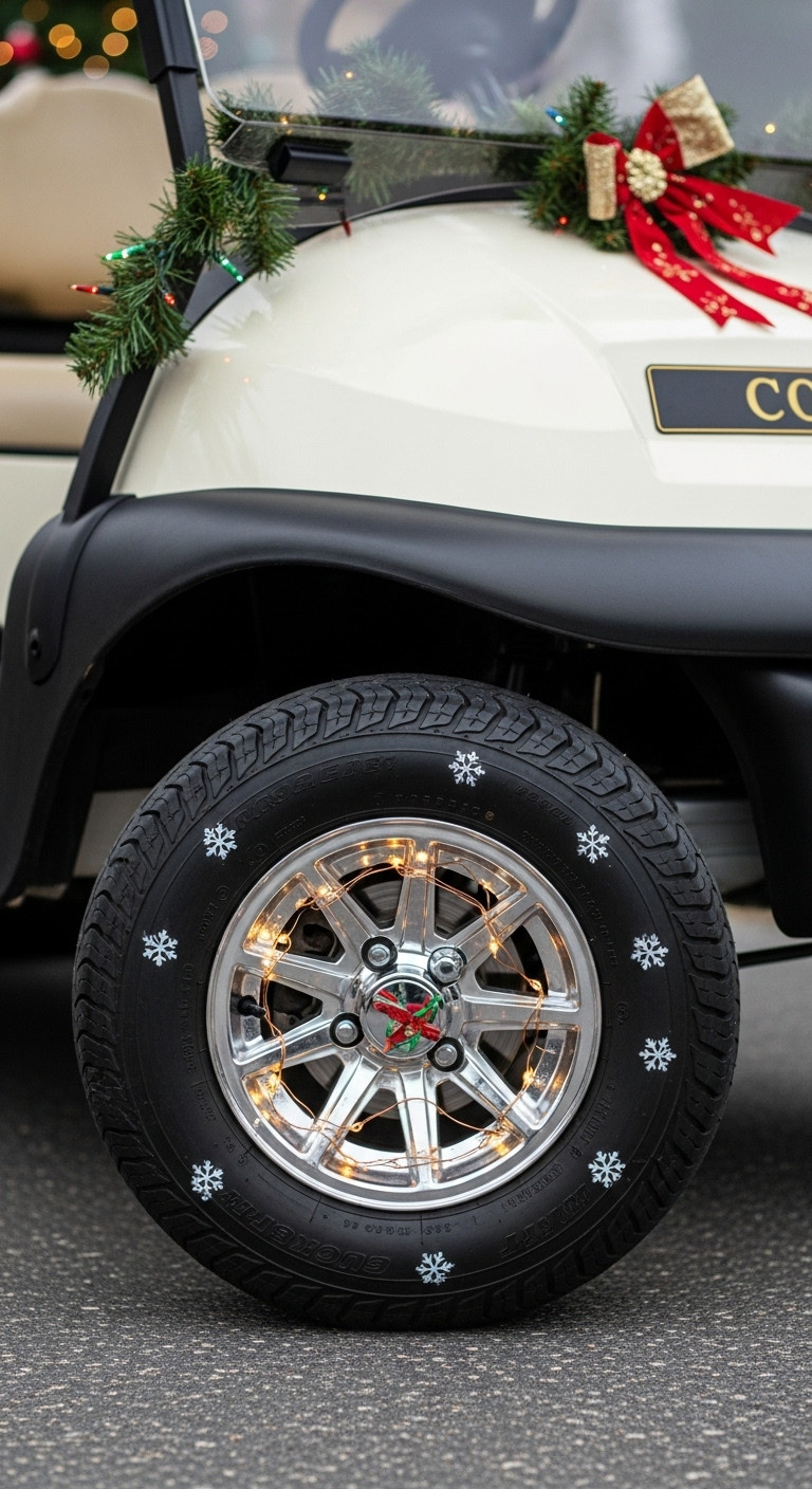 Festive Golf Cart Wheel Adorned With Sparkling Fairy Lights Around The Hubcap And A Subtle Snowflake Stencil, Enhancing Holiday Decor.