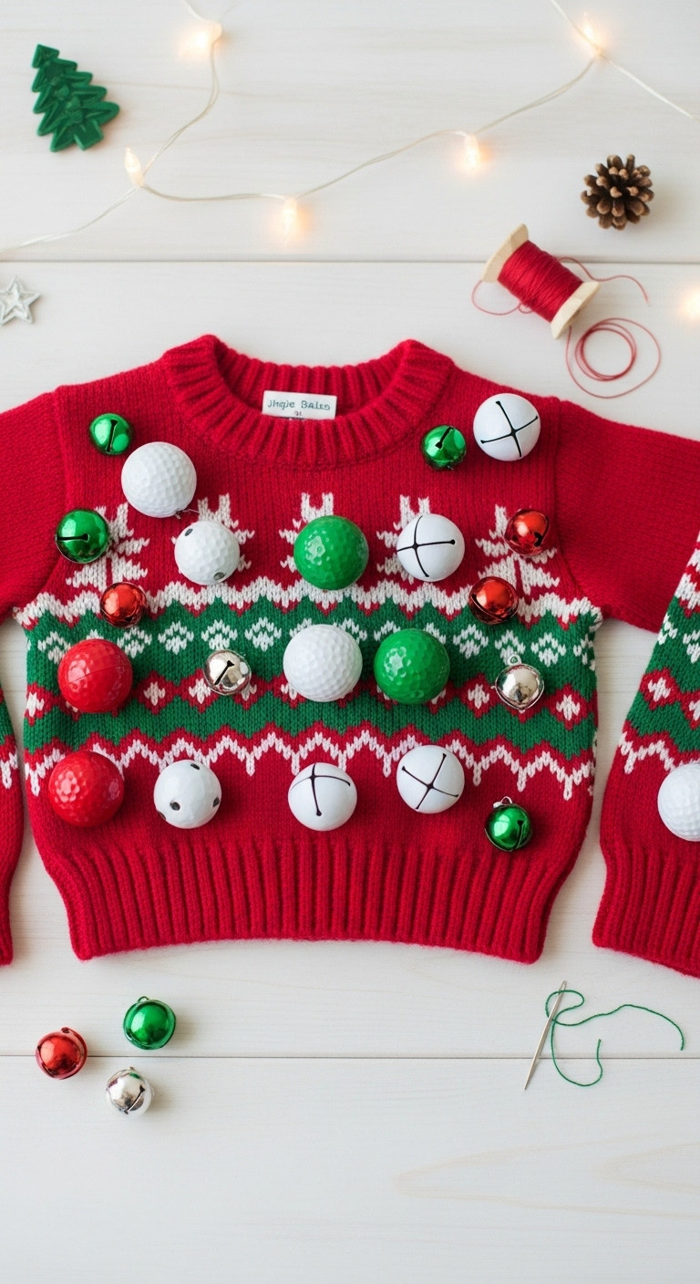 Festive Ugly Christmas Sweater Adorned With Plastic Golf Balls And Colorful Jingle Bells