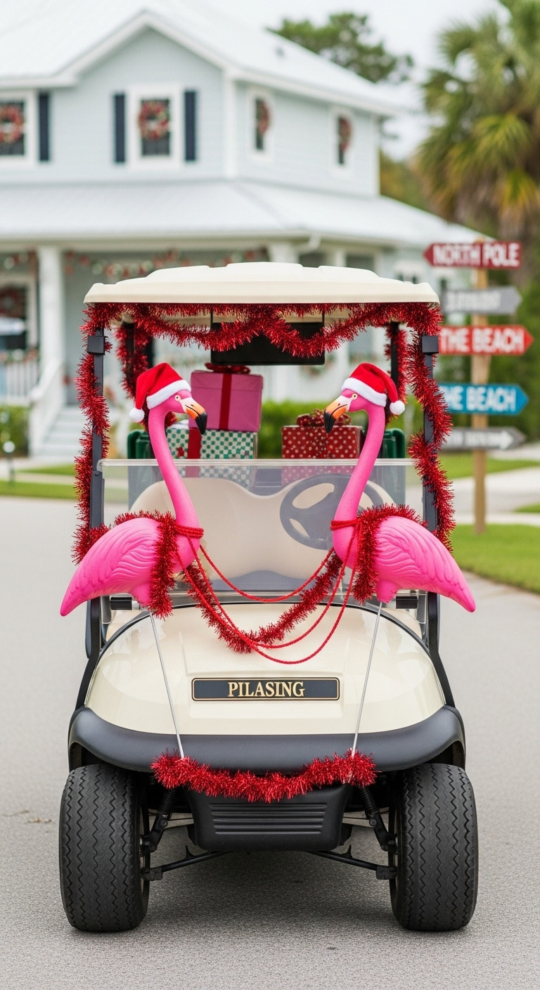 Flamingo Drawn Sleigh Ride Golf Cart With Pink Flamingos In Santa Hats Tinsel Reins And Gifts For Christmas