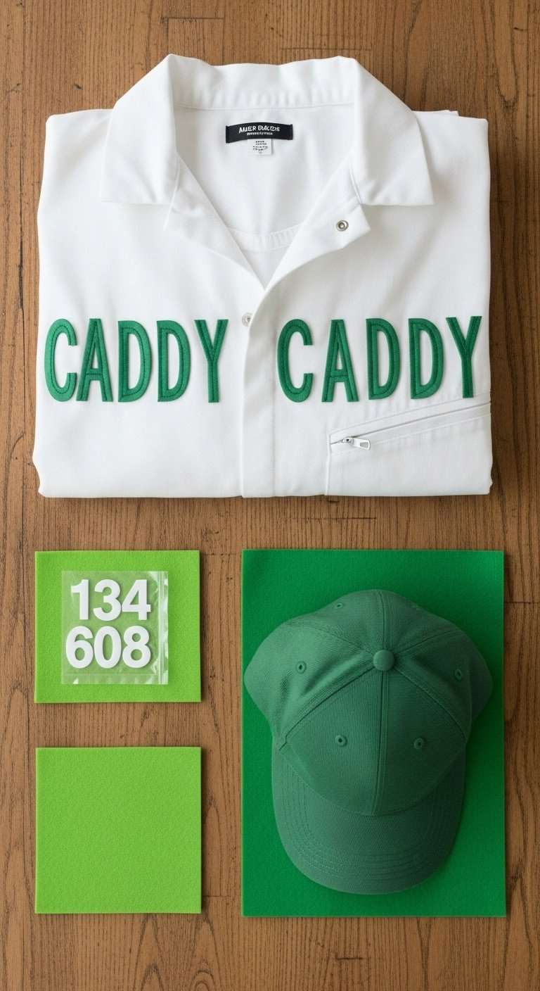 Golf Caddy Outfit Ideas A Complete Guide To Buy Or Diy Flat Lay Of Diy Caddy Costume Materials: White Coverall, Green Baseball Cap, Felt, Iron-On Numbers On A Wood Table.