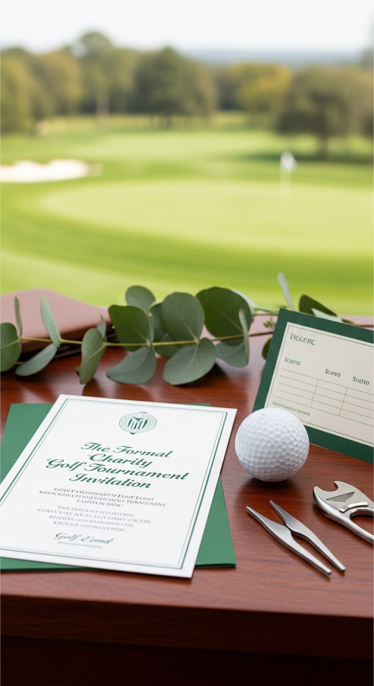 Flat Lay Of A Cream Golf Charity Invitation With Hunter Green Accents A Golf Ball Divot Tool And Scorecard On Mahogany Wood