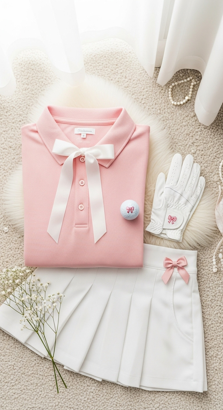Flat Lay Of A Pink Golf Polo White Skort Golf Gloves And A Golf Ball All With Pink Bows