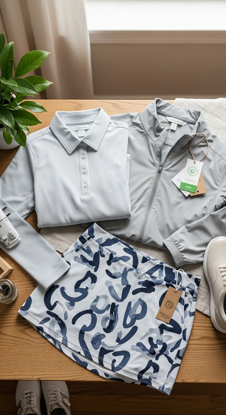 Flat Lay Of Chic Sustainable Women'S Golf Attire: Polo, Abstract Print Skort, Jacket On Wood, Eco-Friendly Materials.