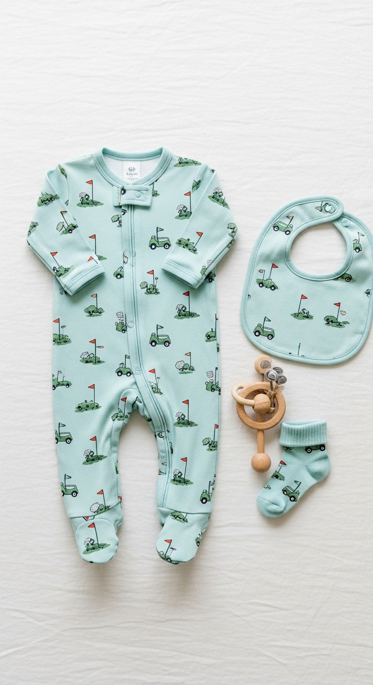 Flat Lay Of Pastel Blue Baby Sleeper With Golf Carts And Flags Pattern Matching Bib Rattle Toe Socks And Wooden Golf Rattle