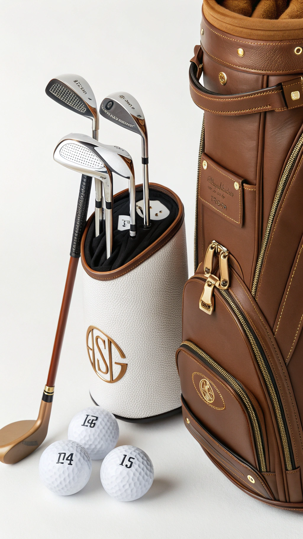 Flat Lay Of Personalized Golf Accessories With Engraved Golf Balls Monogrammed Towel And Debossed Leather Driver Headcover On A Wooden Table