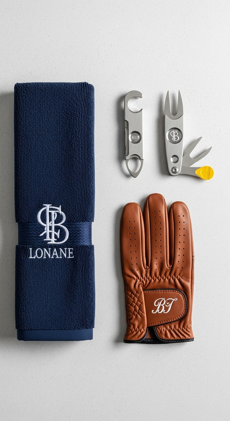 Flat Lay Of Personalized High-Function Golf Accessories Including An Embroidered Towel Divot Tool And Monogrammed Leather Glove