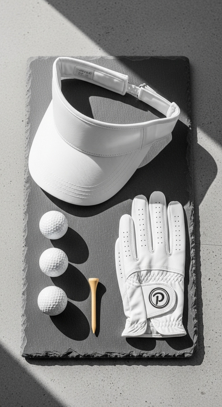 Effortless Golf Fashion For Women On And Off The Course Flat Lay Of White Golf Visor, Premium Leather Golf Glove, Balls, And Tee On Grey Slate. Essential Women'S Golf Accessories.