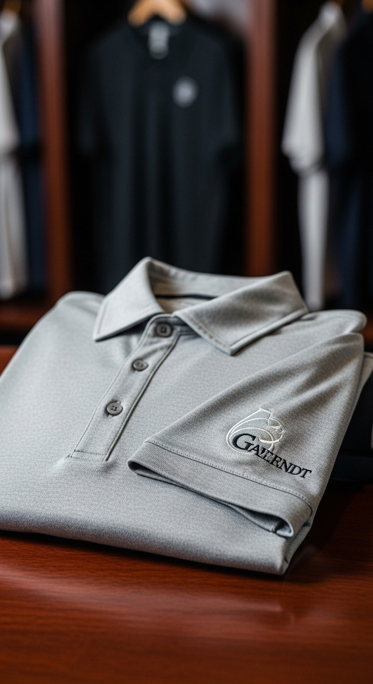 Folded Gray Golf Polo With Embroidered Logo On Mahogany In A Locker Room With Sunglasses