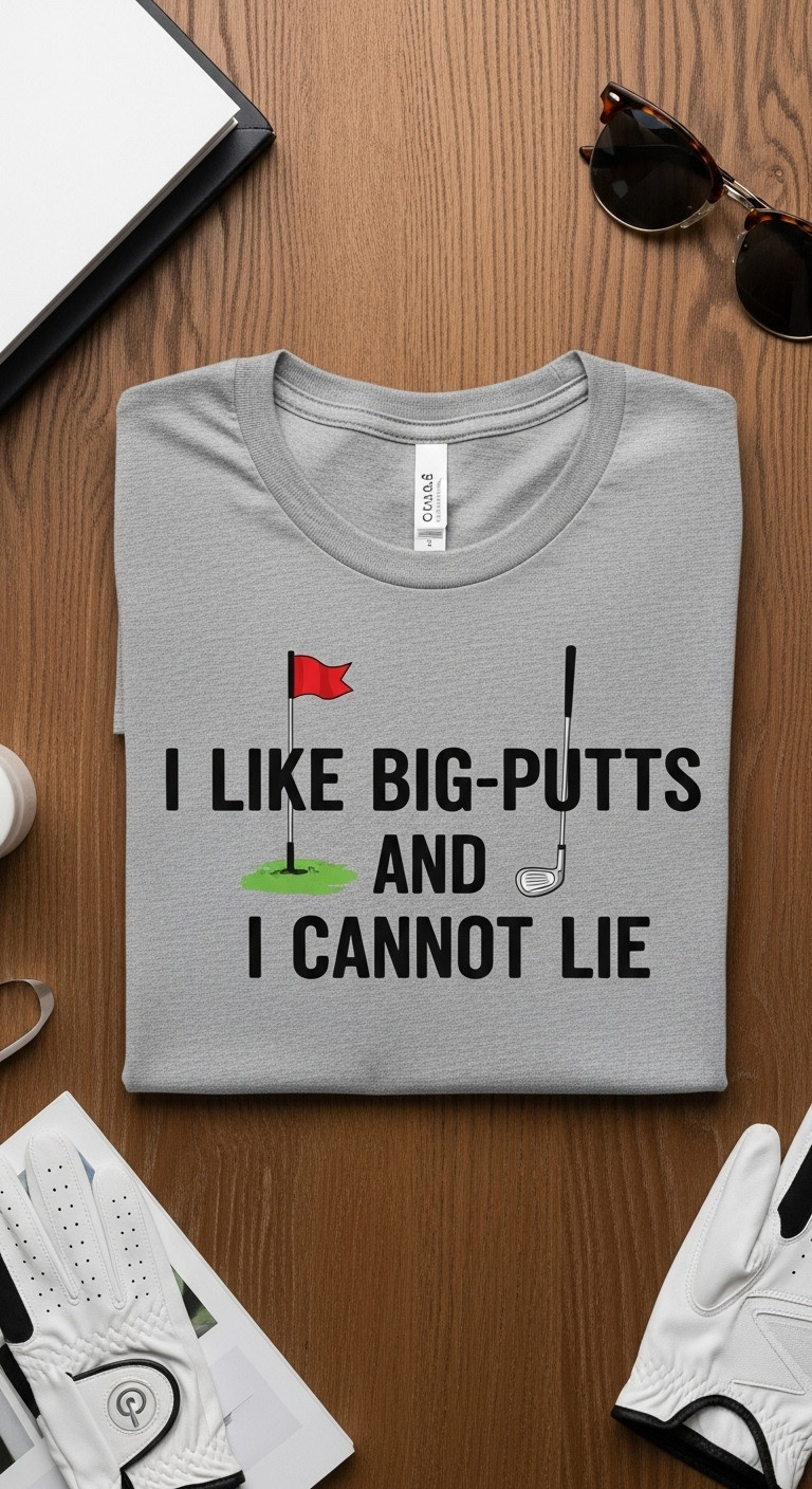 Folded Heather Grey Funny Golf Themed T Shirt I Like Big Putts And I Cannot Lie On A Rustic Wooden Table