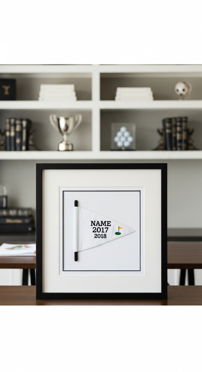 Framed Custom Embroidered Golf Pin Flag On A Home Office Wall With A Blurred Desk And Bookshelf