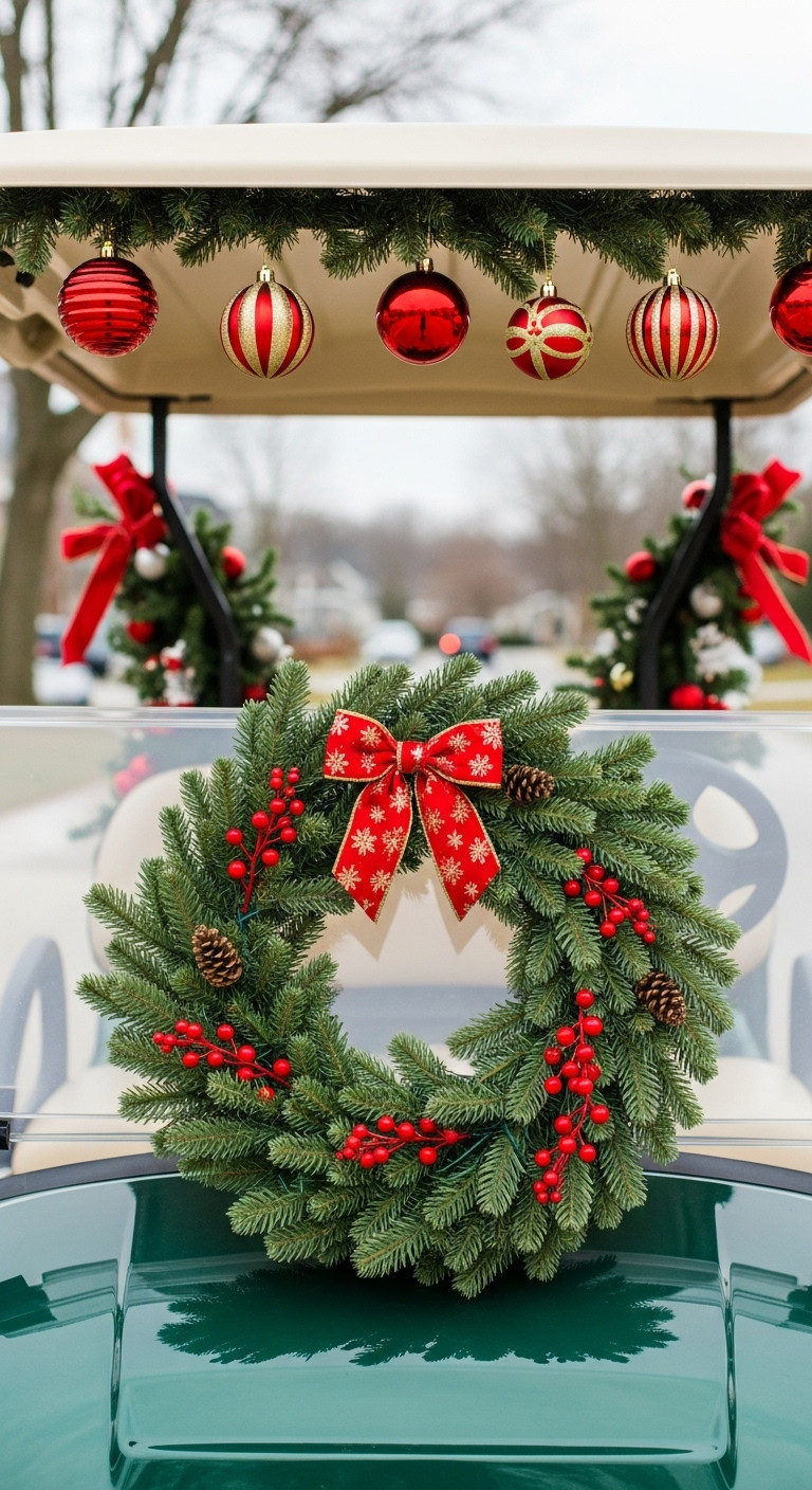 Front Of A Golf Cart With A Pre-Lit Christmas Wreath On The Grill And Red And Gold Ornaments