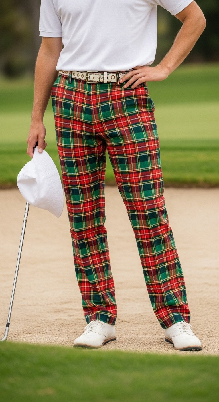 Fun 80S Golf Outfit: Bold Red, Green, Yellow Plaid Trousers, White Polo, Bucket Hat, Sand Wedge On Golf Course.