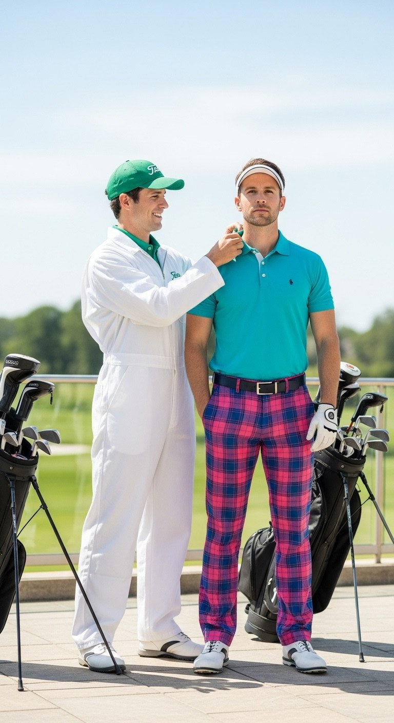 Golf Caddy Outfit Ideas A Complete Guide To Buy Or Diy Fun Couple In Golfer And Caddy Costumes On A Sunny Golf Club Patio; Caddy Adjusts Golfer'S Colorful Polo.