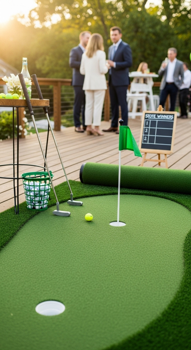 Fun Interactive Putting Green Setup At A Backyard Party With Putters Golf Balls Flagstick And Scoreboard