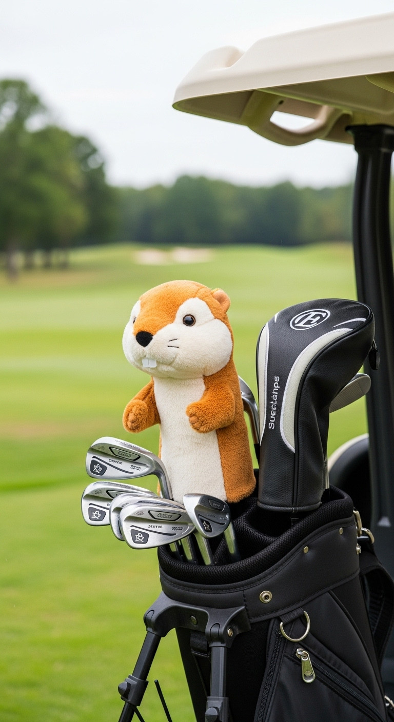 Funny Animal Golf Headcover Peeking From A Premium Golf Bag On A Cart With A Blurred Golf Course Background