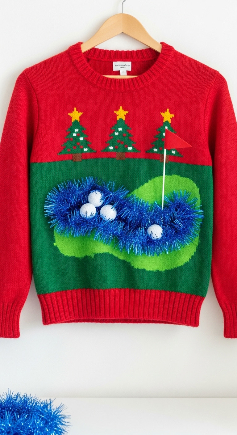 Funny Ugly Christmas Sweater With A Tinsel Water Hazard And Golf Balls Stuck In It