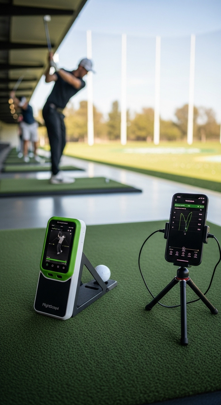 Game Changing Portable Launch Monitor Set Up At A Driving Range With A Golf Ball Smartphone Displaying Swing Data And Blurred Golfer