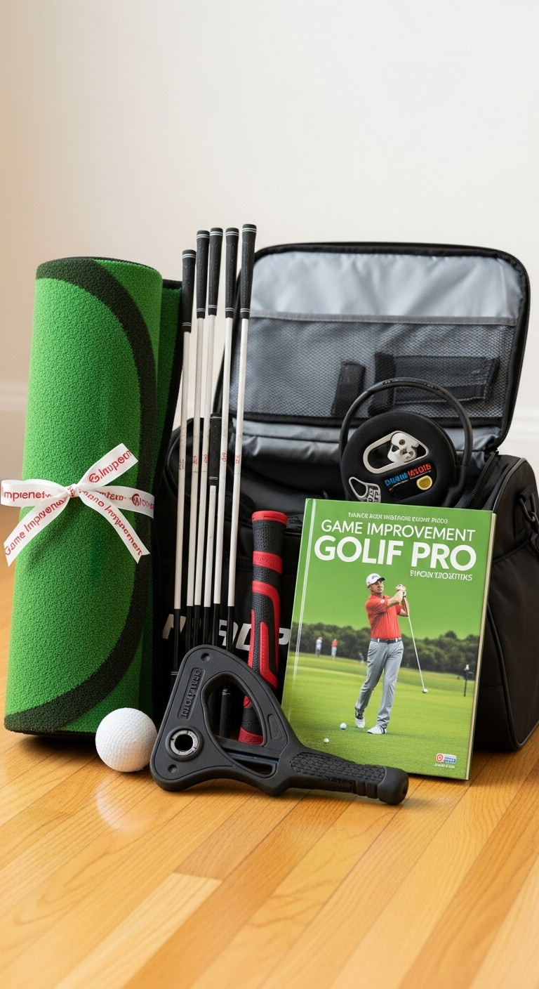Game Improvement Golf Gift Basket With Putting Green Alignment Sticks Instructional Book And Grip Trainer For Christmas