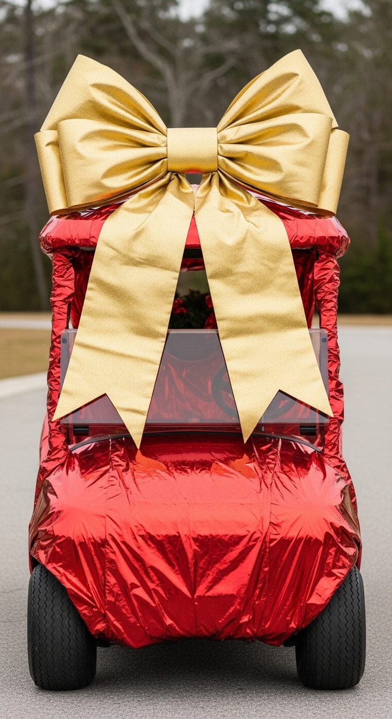 13 Stunning Golf Cart Decorating Ideas For Christmas Parades Giant Christmas Present Golf Cart Wrapped In Metallic Red Paper With An Enormous Gold Bow For A Christmas Parade