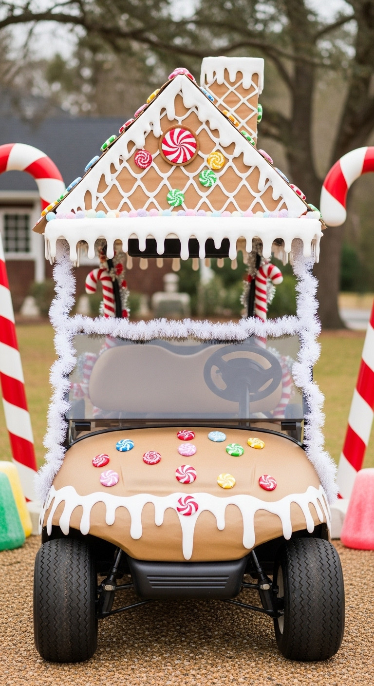 9 Dazzling Decorated Golf Cart Ideas For Christmas Parades Gingerbread House Golf Cart With Brown Paper White Icing Colorful Candy Ornaments And Large Candy Cane Props For Christmas