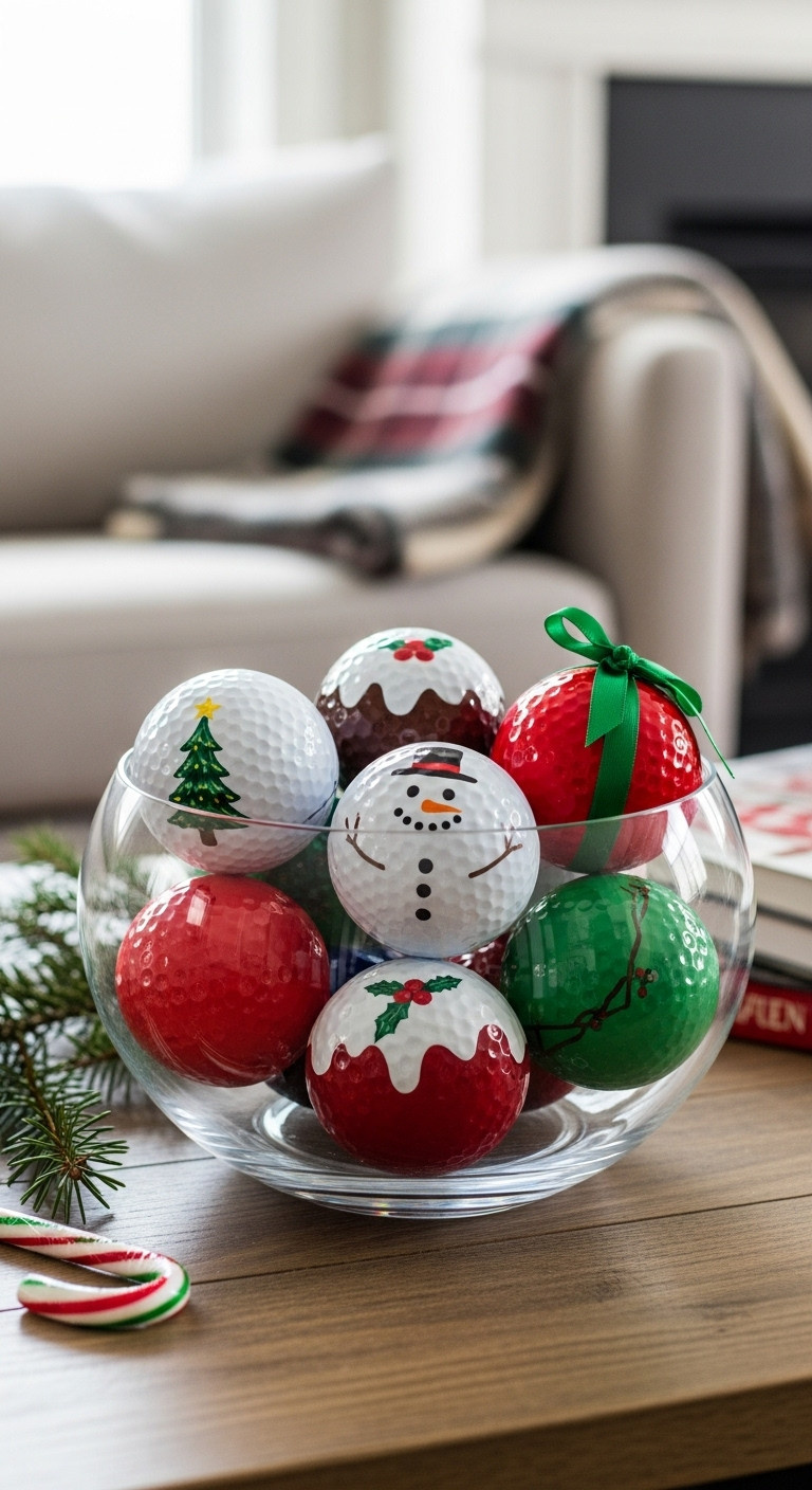 Glass Bowl Filled With Decorated Christmas Golf Balls Snowman Pudding Red On A Rustic Coffee Table