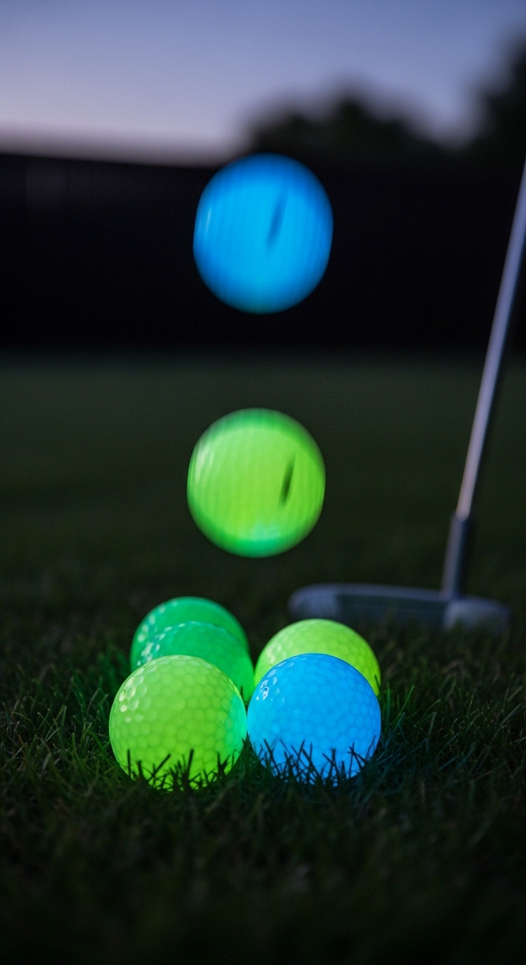 Glowing Green And Blue Golf Balls On Dark Grass At Dusk With A Child'S Putter
