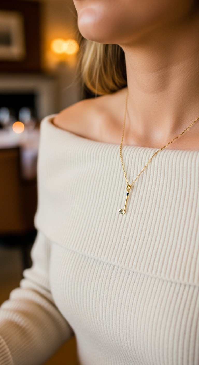 Gold Necklace With Hole In One Golf Club Pendant On Woman'S Collarbone In Cozy Setting