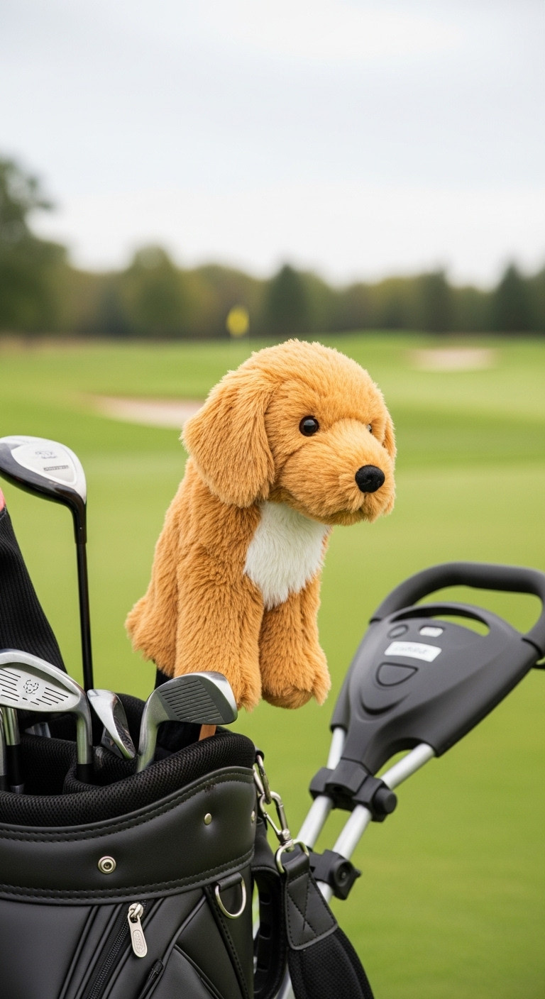 Golden Retriever Golf Headcover Peeking Out Of A Premium Leather Golf Bag On A Manicured Tee Box