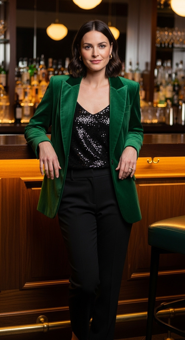 9 Perfect Golf Club Christmas Party Outfit Ideas For Women Golf Club Christmas Party Outfit For Women Festive Separates With A Polished Blazer Black Trousers Sequin Camisole Green Velvet Blazer
