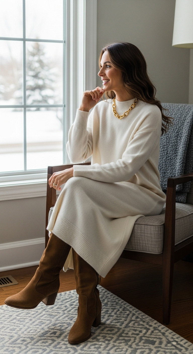 9 Perfect Golf Club Christmas Party Outfit Ideas For Women Golf Club Christmas Party Outfit For Women The Cozy Sophisticated Sweater Dress With Suede Boots And Gold Necklace By A Snowy Window