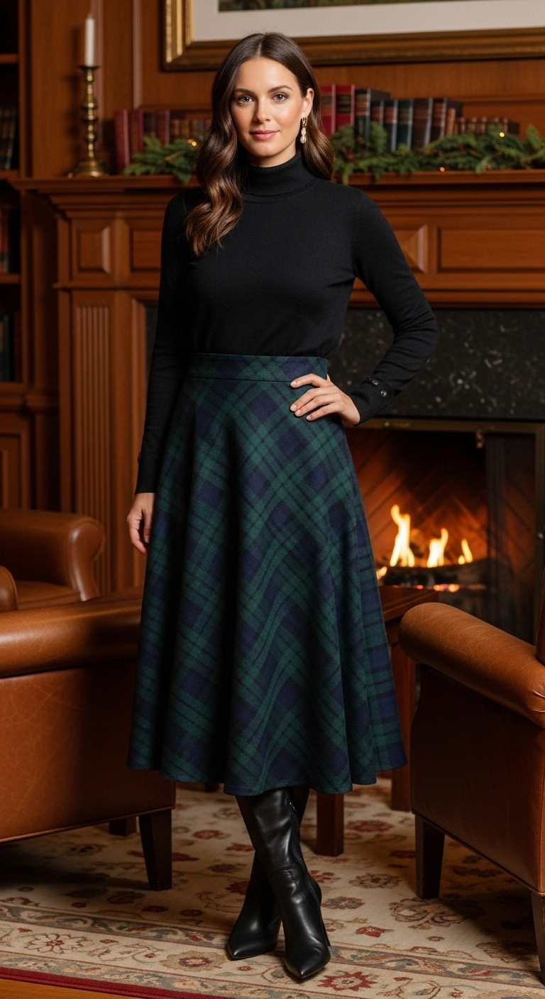 9 Perfect Golf Club Christmas Party Outfit Ideas For Women Golf Club Christmas Party Outfit For Women The Festive Preppy Plaid Skirt With Black Turtleneck And Heeled Boots In A Club Library