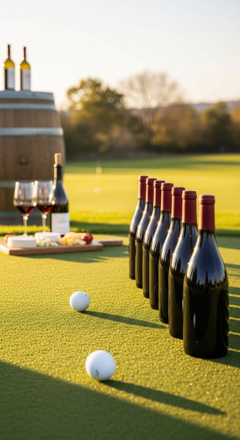 Golf Ball Rolling Towards Elegant Wine Bottles Set Up Like Bowling Pins On A Putting Green At Golden Hour