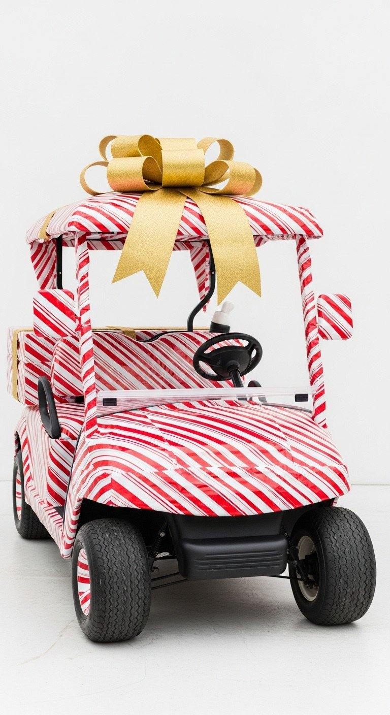 Golf Cart Covered In Candy-Cane Striped Wrapping Paper With A Golden Bow On The Roof