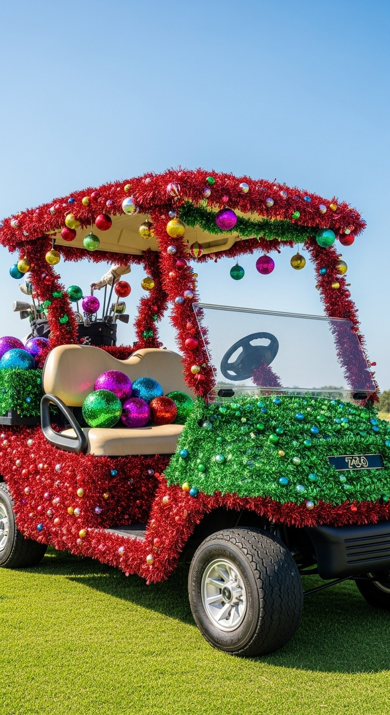 Golf Cart Covered In Red And Green Tinsel Garland With Colorful Ball Ornaments On A Bright Green Lawn