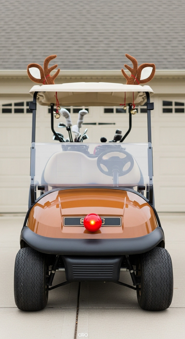 Golf Cart Decorated As Rudolph With Oversized Antlers A Glowing Red Nose And Jingle Bells