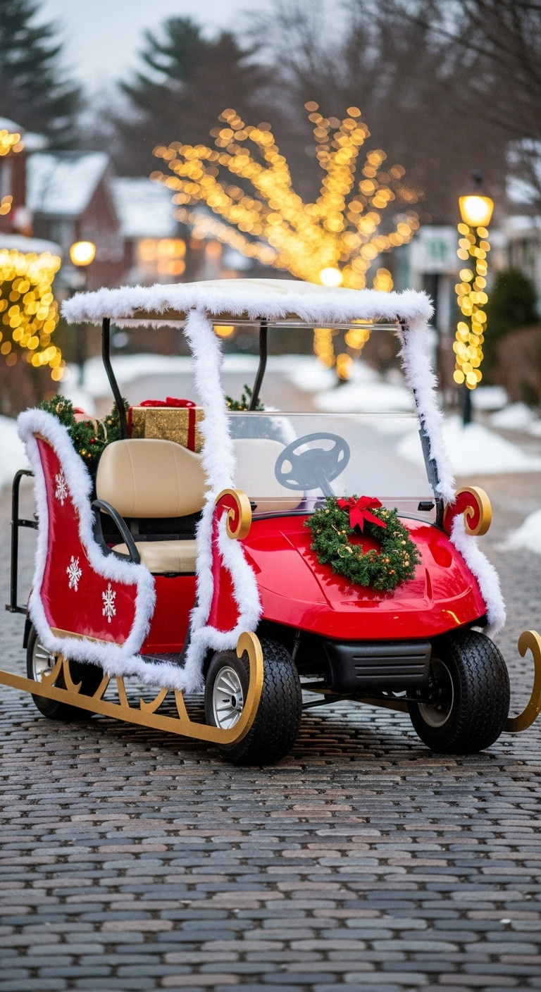 Golf Cart Decorated As Santa'S Sleigh With Red Paint White Fur And Golden Runners On A Snowy Street At Dusk