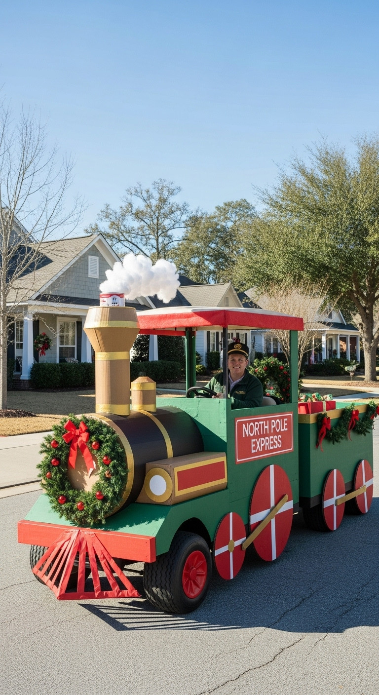 Golf Cart Decorated As A North Pole Express Train With Wreath Smokestack Cotton Steam Red Wheels And Conductor'S Hat