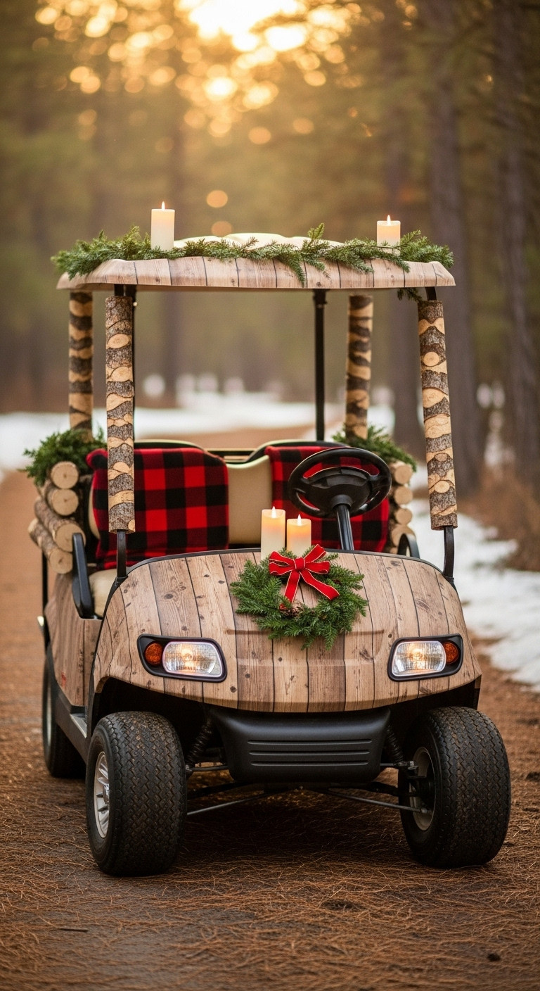 Golf Cart Decorated As A Cozy Log Cabin With Faux Wood Grain Wreath Buffalo Check Blanket And Battery-Operated Candles