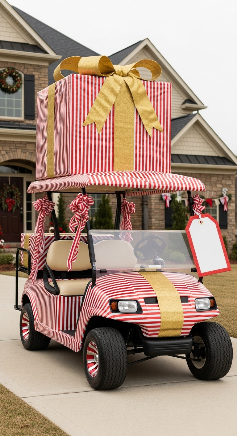 Golf Cart Decorated As A Giant Christmas Present With Red And White Striped Wrapping Paper Gold Ribbon And Bow