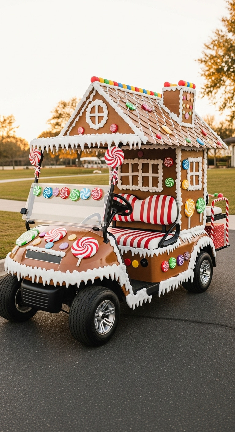Golf Cart Decorated As A Gingerbread House With Brown Panels White Icing Colorful Candy Props And Candy Cane Seats