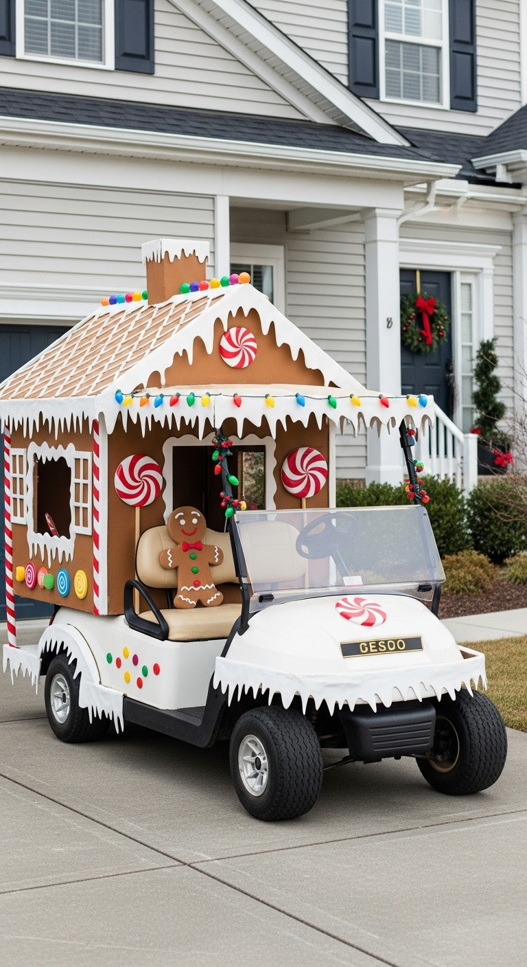 Golf Cart Decorated As A Gingerbread House With Icing Candy Props And A Gingerbread Man Figure