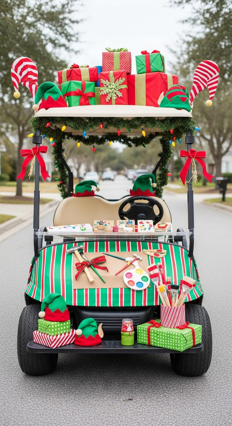 Golf Cart Decorated As An Elf Workshop With Striped Fabric Garland Lights Presents Toy-Making Props And Elf Hats