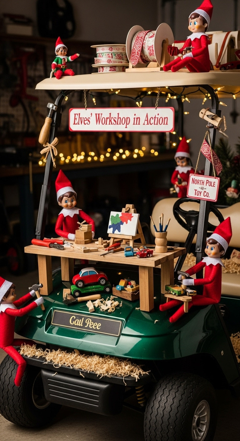 Golf Cart Decorated As An Elves' Workshop With Tools Half-Finished Toys Elf Dolls And Wood Shavings